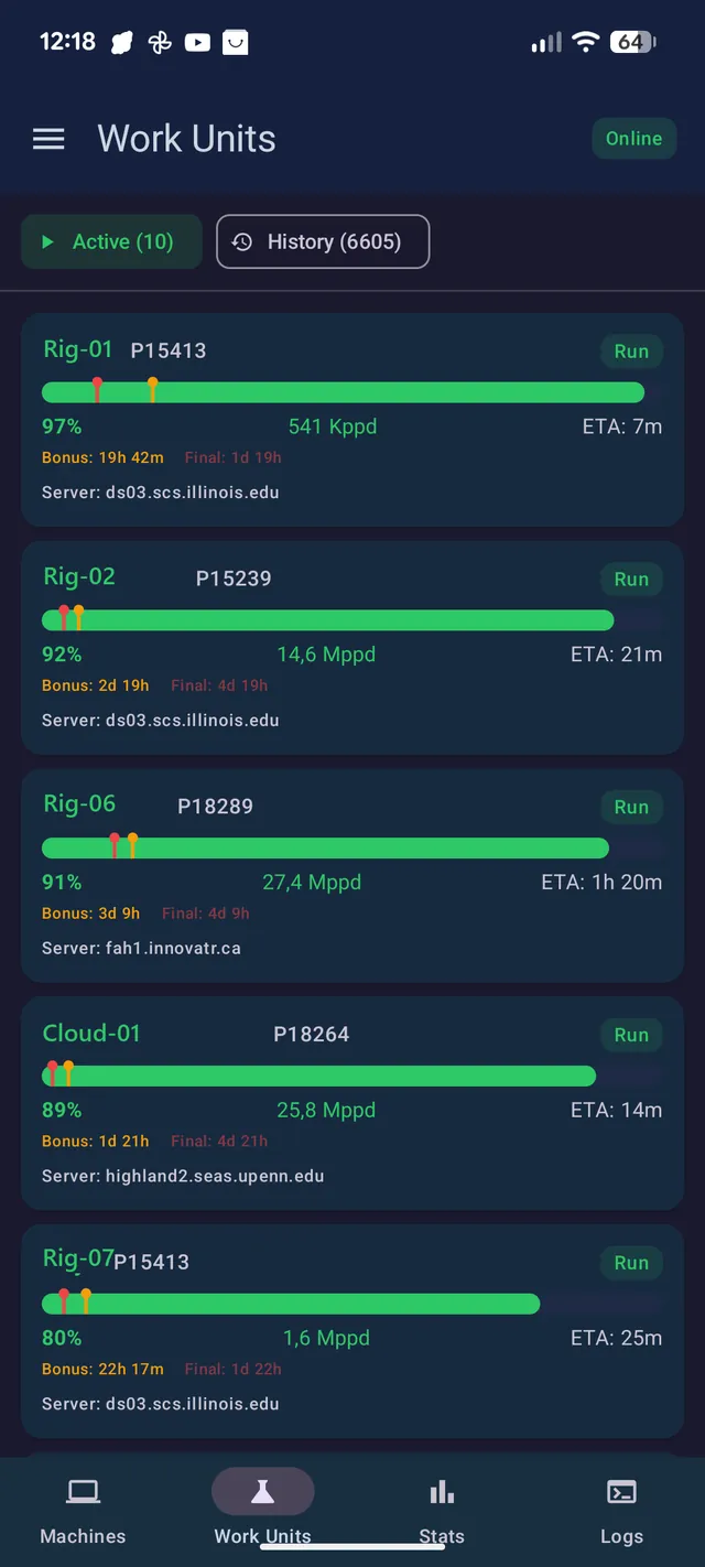 Work Units tab — active units with ETA, bonus and final deadlines, and the work server
